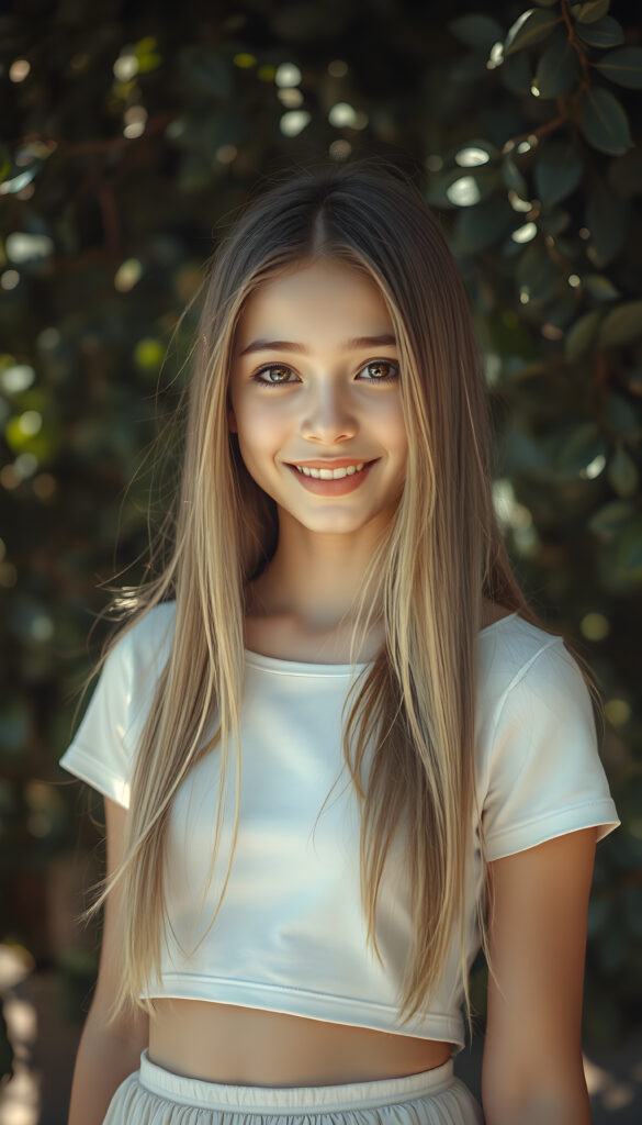 In a surrealist beautiful setting, a beautiful well busty young girl with porcelain skin adorned with delicate, bright face focus, round face. Her warm, brown eyes, smiles and her open long glossy golden straight shinning hair. She wears a light white crop t shirt with long skirt. The light reflects and refracts, creating an interplay of light and shadow that enhances the ethereal atmosphere. Perfect round belly button. The background is a dark green leaves tree, flowing colors, adding depth and a sense of magic to the composition.