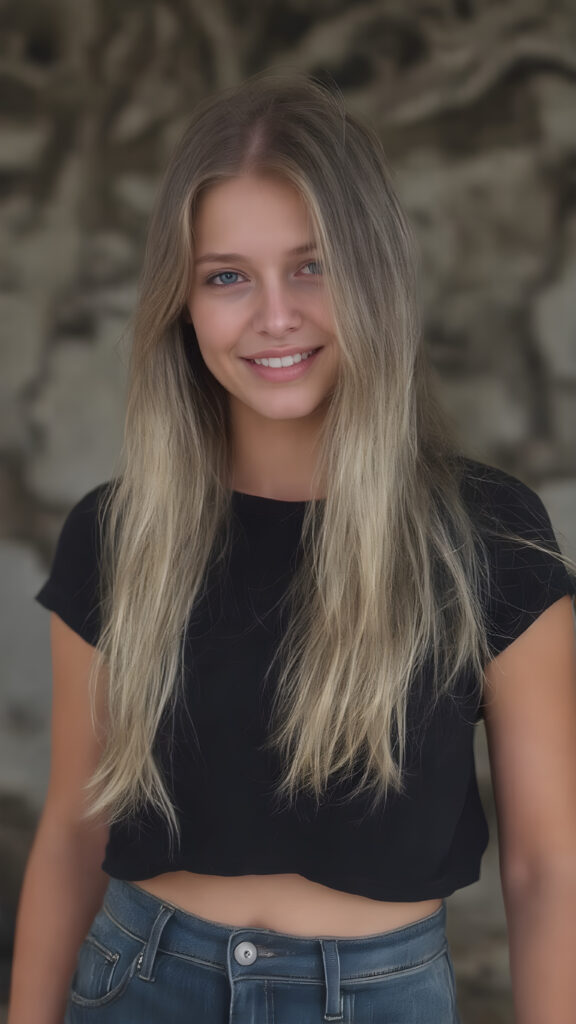 In the 'World Fashion Map,' a (((half braid household girl))) with (((extremely long, silky wavy light blonde hair))), wearing a sleek and tight 'Black T-Shirt with World Fashion Design' that seamlessly complements her stylishly faded jeans. Her face exudes a (((soft yet inviting smile))), perfectly accentuating her ((perfectly proportioned figure)), which includes a slim waist and (extraordinary long, flowing eyelashes) that add to her (alluring charm). The backdrop is a (clearly detailed and highly realistic) setting that perfectly captures the essence of modern luxury and fashion, with (interwoven textures) and (distinctive patterns) that give off a (vivid color contrast) against her (natural skin tone) makeup and (crisp pearly white teeth) as the ultimate finishing touch