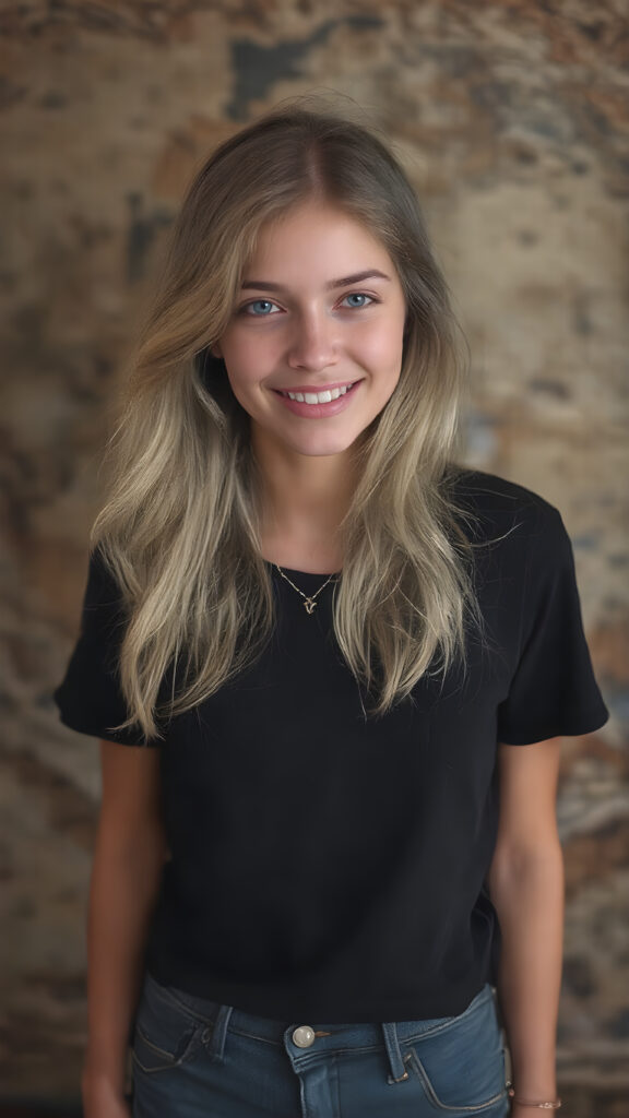 In the 'World Fashion Map,' a (((half braid household girl))) with (((extremely long, silky wavy light blonde hair))), wearing a sleek and tight 'Black T-Shirt with World Fashion Design' that seamlessly complements her stylishly faded jeans. Her face exudes a (((soft yet inviting smile))), perfectly accentuating her ((perfectly proportioned figure)), which includes a slim waist and (extraordinary long, flowing eyelashes) that add to her (alluring charm). The backdrop is a (clearly detailed and highly realistic) setting that perfectly captures the essence of modern luxury and fashion, with (interwoven textures) and (distinctive patterns) that give off a (vivid color contrast) against her (natural skin tone) makeup and (crisp pearly white teeth) as the ultimate finishing touch
