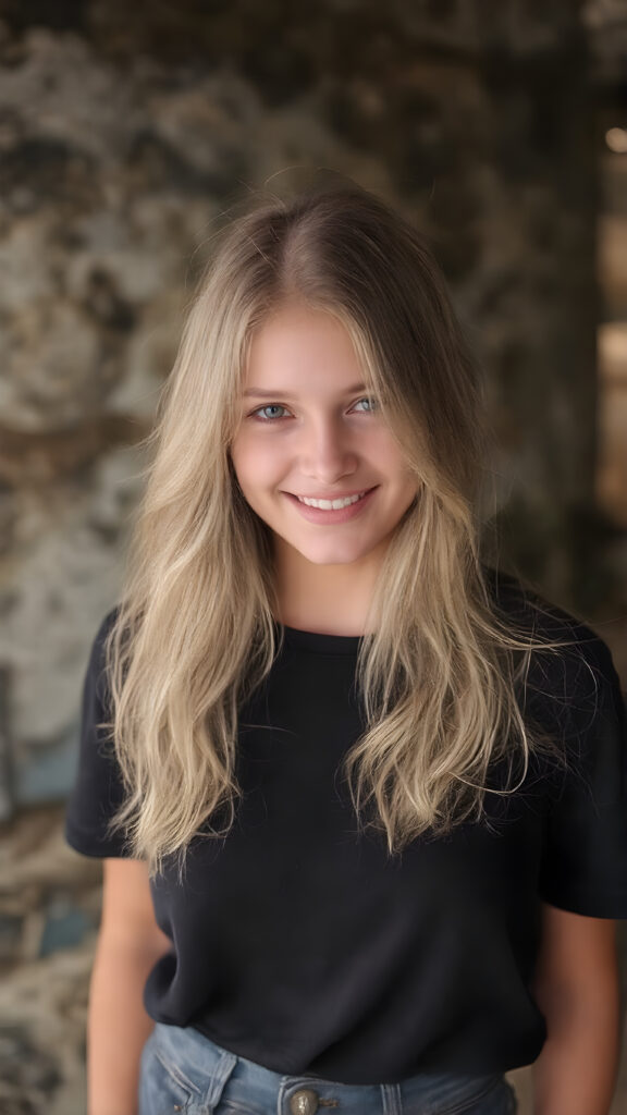 In the 'World Fashion Map,' a (((half braid household girl))) with (((extremely long, silky wavy light blonde hair))), wearing a sleek and tight 'Black T-Shirt with World Fashion Design' that seamlessly complements her stylishly faded jeans. Her face exudes a (((soft yet inviting smile))), perfectly accentuating her ((perfectly proportioned figure)), which includes a slim waist and (extraordinary long, flowing eyelashes) that add to her (alluring charm). The backdrop is a (clearly detailed and highly realistic) setting that perfectly captures the essence of modern luxury and fashion, with (interwoven textures) and (distinctive patterns) that give off a (vivid color contrast) against her (natural skin tone) makeup and (crisp pearly white teeth) as the ultimate finishing touch