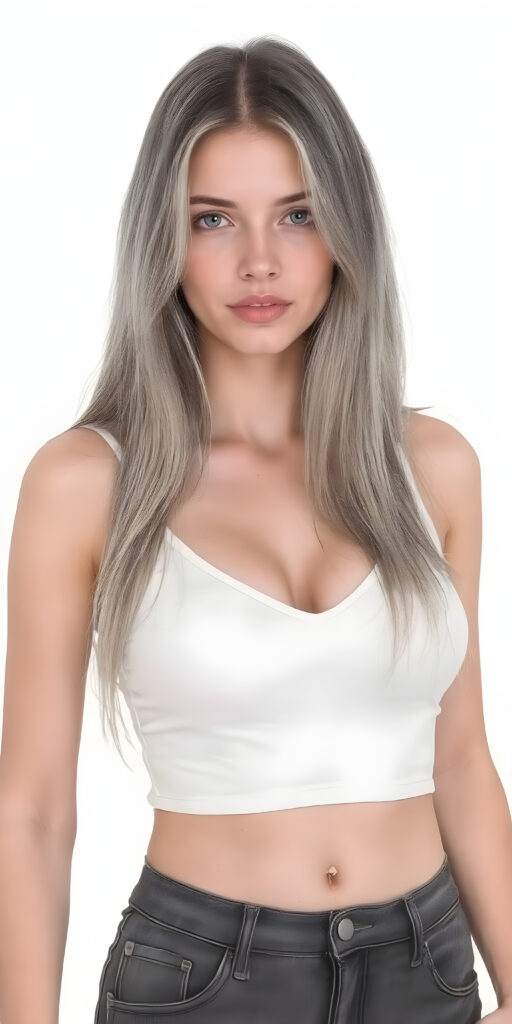 I am a well busty woman in the beautiful female perfect curved body of a young girl, full body photo, I wear a short cropped white plain short tank top deep v-neck, low cut, short dark denim jeans pants, you can see my cute belly button, I have long, straight silky blond and brown hair, realistic