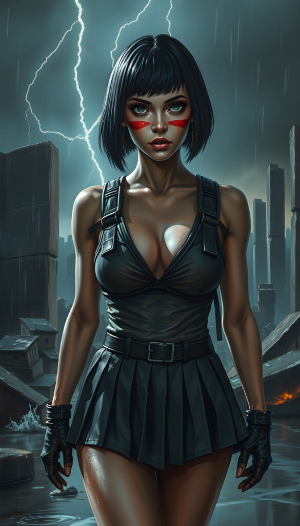 She has a sleek bob haircut, large expressive eyes, and bold red war paint streaked across her cheeks. She wears a short pleated combat skirt and a fitted tactical vest, both soaked and clinging to her form from the rain, lightning in the stormy sky. The lighting is moody and high-contrast — lightning strikes illuminate the ruins, water splashes from puddles, and everything is shrouded in a cinematic haze. The scene conveys tension, power, and beauty under fire. She is well busty, deep v-neck