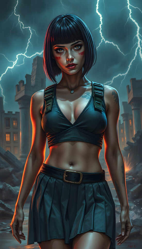 She has a sleek bob haircut, large expressive eyes, and bold red war paint streaked across her cheeks. She wears a short pleated combat skirt and a fitted tactical vest, both soaked and clinging to her form from the rain, lightning in the stormy sky. The lighting is moody and high-contrast — lightning strikes illuminate the ruins, water splashes from puddles, and everything is shrouded in a cinematic haze. The scene conveys tension, power, and beauty under fire. She is well busty, deep v-neck
