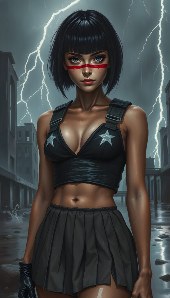 She has a sleek bob haircut, large expressive eyes, and bold red war paint streaked across her cheeks. She wears a short pleated combat skirt and a fitted tactical vest, both soaked and clinging to her form from the rain, lightning in the stormy sky. The lighting is moody and high-contrast — lightning strikes illuminate the ruins, water splashes from puddles, and everything is shrouded in a cinematic haze. The scene conveys tension, power, and beauty under fire. She is well busty, deep v-neck