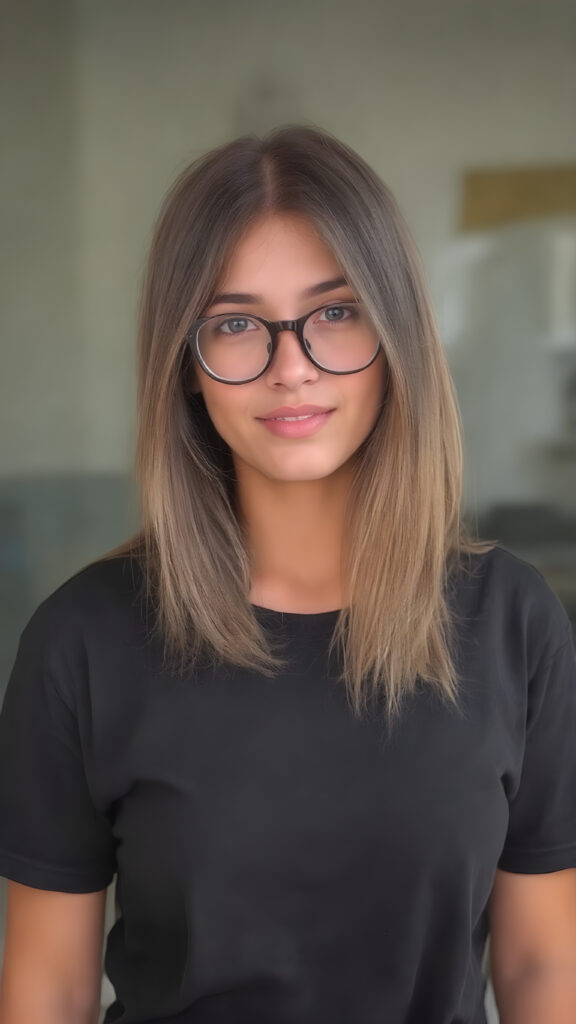 She's a stunning young woman, around 19 years old. She's incredibly beautiful and cute. She's wearing a gorgeous dark black t-shirt and stylish black baggy jeans. Her medium-length hair is absolutely lovely, straight and perfectly framed for her face. Her hair color is a beautiful blend of light brown and dark black tones. She complements her outfit with a pair of beautiful glasses, adding a touch of elegance to her overall look.
