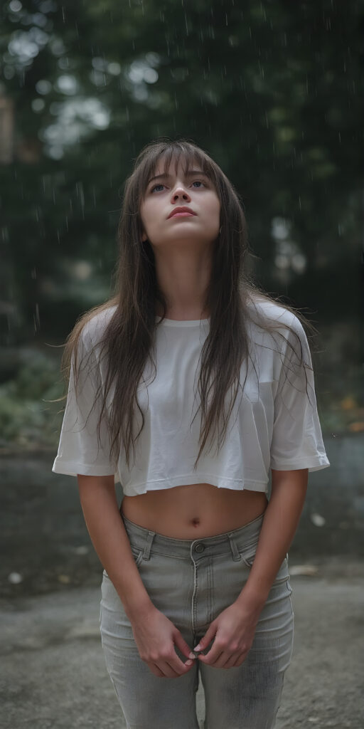 The image captures a moment of extreme loneliness in the height of summer, with a teen girl standing alone on a street facing the camera. Her light grey short jeans pants and white wet cropped t-shirt are draped over her body as heavy rainfall soaks into her skin, leaving her long hair, straight and smooth, with water droplets falling softly onto her face. The girl, looking up at the sky, exudes an air of complete isolation and introspection amidst the quiet summer rain. Her hair, with its soft black strands, cascades down her back, creating a stark contrast against the pale girl's warm skin and the dark, slightly wet strands of hair framing her face. The girl, with her long hair hanging down her back, holds her hands on her knees and gently places her feet flat on the ground. The focus on her face emphasizes the girl's emotional vulnerability in the face of the summer weather.