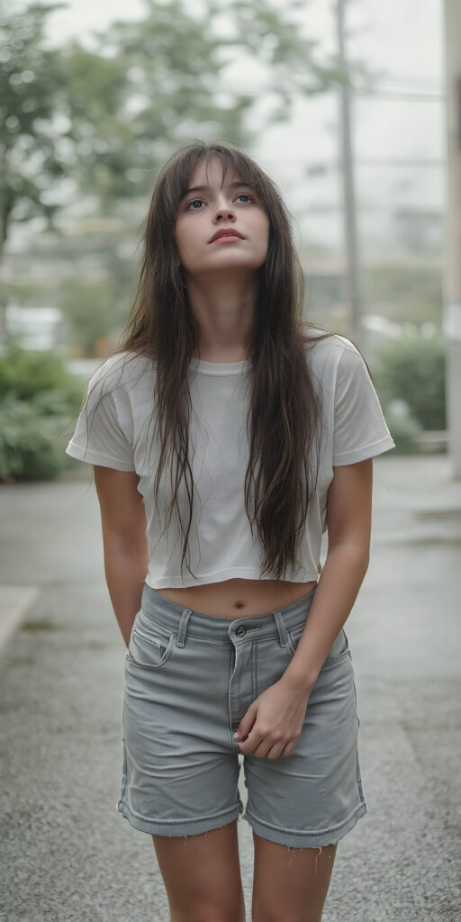 The image captures a moment of extreme loneliness in the height of summer, with a teen girl standing alone on a street facing the camera. Her light grey short jeans pants and white wet cropped t-shirt are draped over her body as heavy rainfall soaks into her skin, leaving her long hair, straight and smooth, with water droplets falling softly onto her face. The girl, looking up at the sky, exudes an air of complete isolation and introspection amidst the quiet summer rain. Her hair, with its soft black strands, cascades down her back, creating a stark contrast against the pale girl's warm skin and the dark, slightly wet strands of hair framing her face. The girl, with her long hair hanging down her back, holds her hands on her knees and gently places her feet flat on the ground. The focus on her face emphasizes the girl's emotional vulnerability in the face of the summer weather.