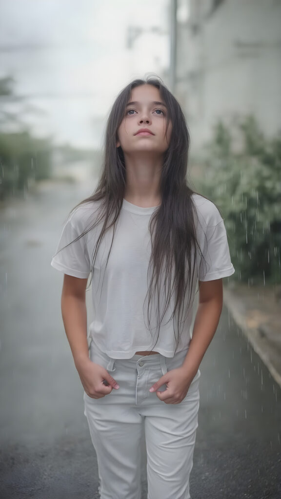 The image captures a moment of extreme loneliness in the height of summer, with a teen girl standing alone on a street facing the camera. Her light grey pants and white wet cropped t-shirt are draped over her body as heavy rainfall soaks into her skin, leaving her long hair, straight and smooth, with water droplets falling softly onto her face. The girl, looking up at the sky, exudes an air of complete isolation and introspection amidst the quiet summer rain. Her hair, with its soft black strands, cascades down her back, creating a stark contrast against the pale girl's warm skin and the dark, slightly wet strands of hair framing her face. The girl, with her long hair hanging down her back, holds her hands on her knees and gently places her feet flat on the ground. The focus on her face emphasizes the girl's emotional vulnerability in the face of the summer weather.