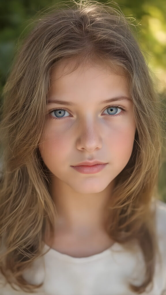 ultra-realistic portrait of a beautiful young girl, natural proportions, soft and smooth fair skin with subtle freckles, long wavy chestnut hair with natural shine, deep blue eyes reflecting soft daylight, fine eyelashes, delicate eyebrows, gentle and authentic smile, slightly rosy cheeks, wearing a simple light pastel blouse, no jewelry, photographed outdoors in a lush garden with blurred green background (bokeh), golden hour lighting, captured with a high-end DSLR camera, 85mm lens, aperture f/1.4, extremely sharp focus on the eyes, natural skin texture, photorealistic, high resolution, no makeup, cinematic composition
