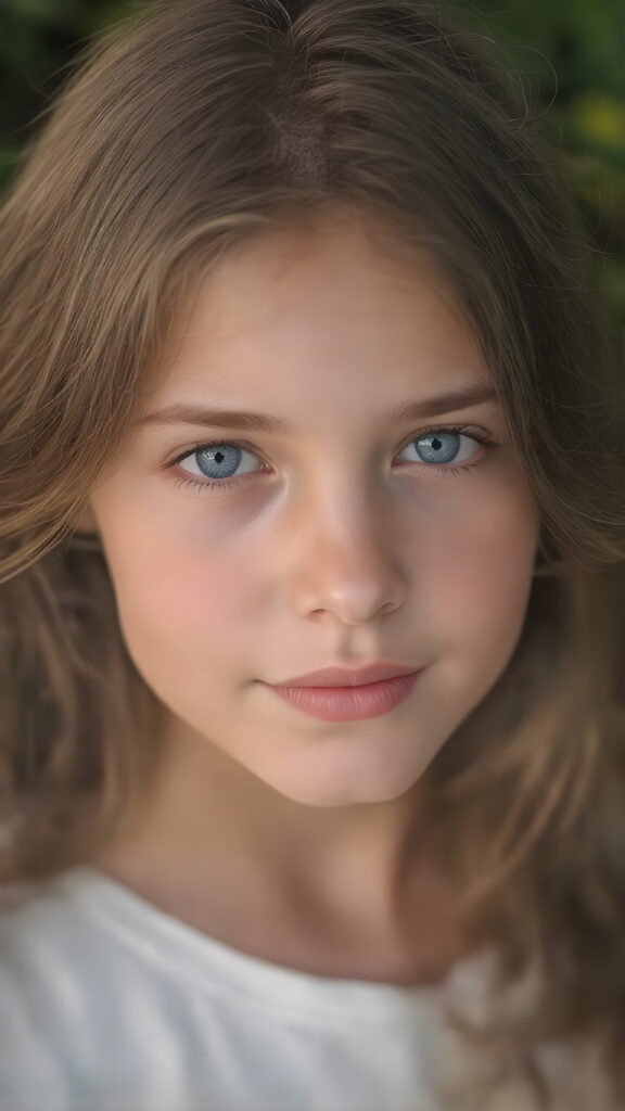 ultra-realistic portrait of a beautiful young girl, natural proportions, soft and smooth fair skin with subtle freckles, long wavy chestnut hair with natural shine, deep blue eyes reflecting soft daylight, fine eyelashes, delicate eyebrows, gentle and authentic smile, slightly rosy cheeks, wearing a simple light pastel blouse, no jewelry, photographed outdoors in a lush garden with blurred green background (bokeh), golden hour lighting, captured with a high-end DSLR camera, 85mm lens, aperture f/1.4, extremely sharp focus on the eyes, natural skin texture, photorealistic, high resolution, no makeup, cinematic composition