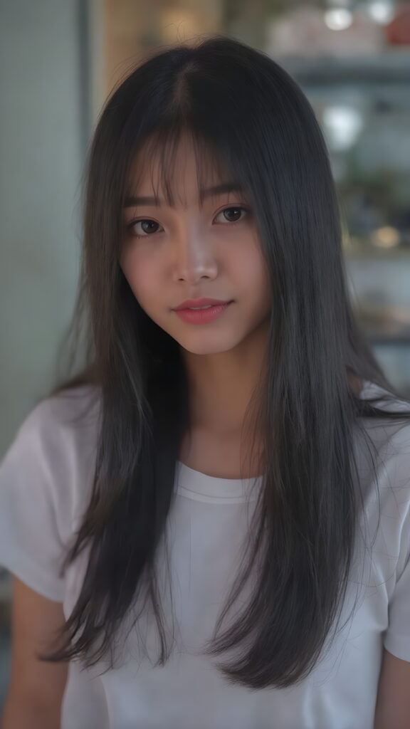 a (((Asian girl))) long straight jet black hair, with (((dark skin))), that give off a youthful vibe, dressed in a (((white t-shirt))), black mini skirt that complements her advanced features