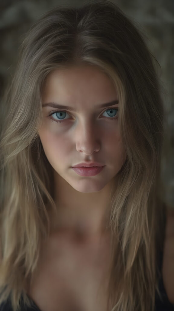 a (((Goddess of Love)) ((seductive look, seductive eyes)) (((super realistic, highly detailed, photography))), capturing a (((beautiful young busty teen girl))) with an extremely defined and detailed face, including (((perfect, detailed brown blond very soft straight hair falls down)), (((short, v-neck black tank top))).
