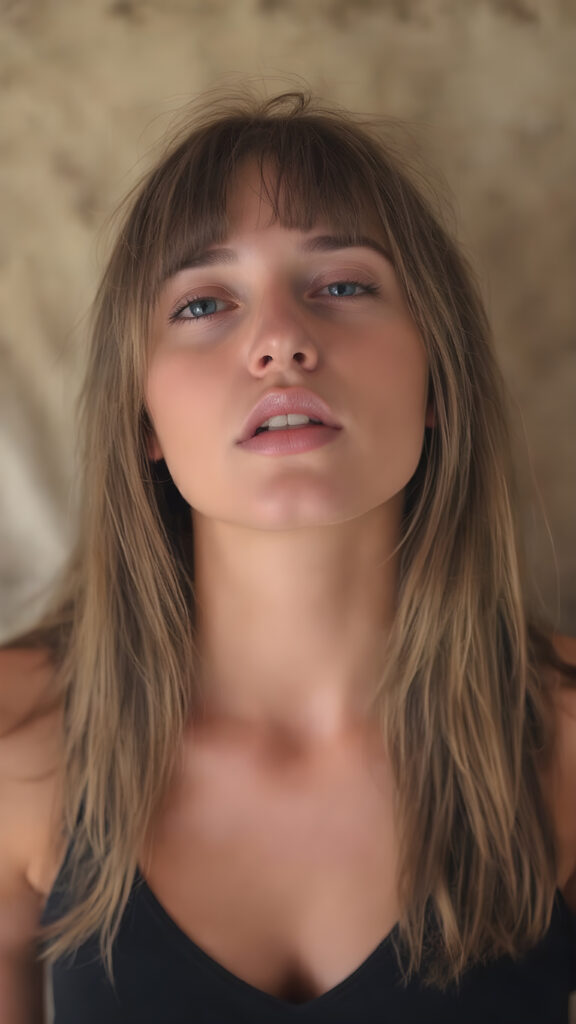 a (((Goddess of Love)) ((seductive look, seductive eyes)) (((super realistic, highly detailed, photography))), capturing a (((beautiful young busty girl))) with an extremely defined and detailed face, including (((perfect, detailed straight jet white blond hair falls down to her back)), (((short cropped black tank top, deep v-neck))), perfect body, wide open mouth, looks up, full closed eyes