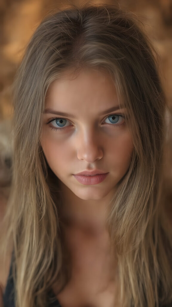 a (((Goddess of Love)) ((seductive look, seductive eyes)) (((super realistic, highly detailed, photography))), capturing a (((beautiful young busty teen girl))) with an extremely defined and detailed face, including (((perfect, detailed brown blond very soft straight hair falls down)), (((short, v-neck black tank top))).