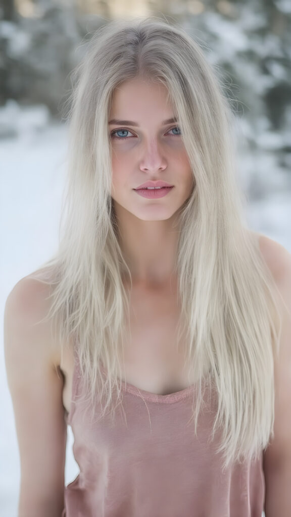 a (((beautiful girl with long, flowing white soft hair))), dressed in a ((comfortable tank top)) that complements her pale skin, giving off a cozy vibe. The shirt has a soft, slightly transparent quality, making it seem almost ethereal. She's posed in the snow, creating a sense of warmth and tranquility. Her hair is white. Full body view.