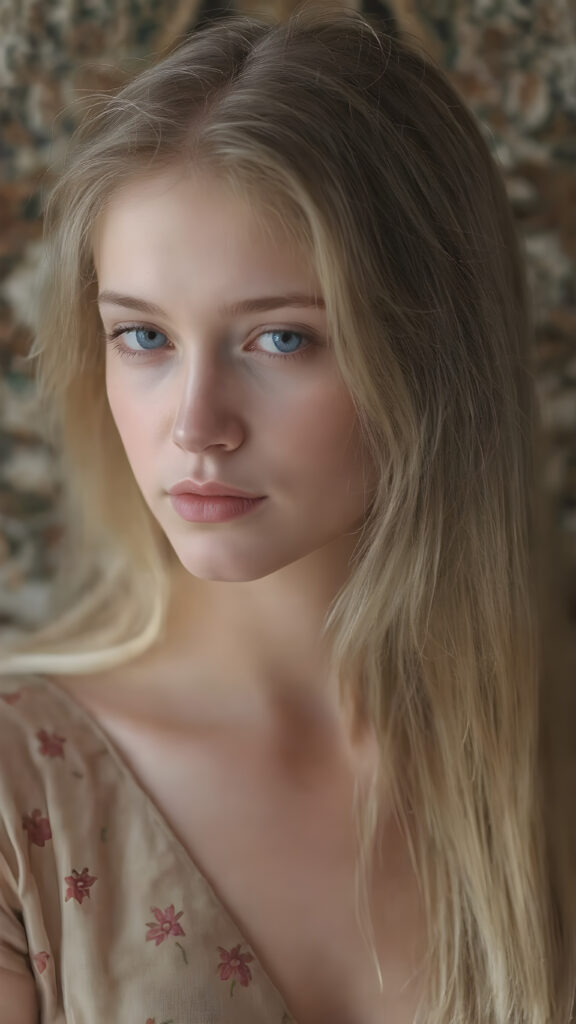 a (((beautiful girl))) with luxurious, (((shiny very long blond soft hair))), flawless skin, and a serene expression, her face and form are intricately detailed, giving off a soft glow that adds a touch of magic, she's dressed in a ((silk dress with designs of small flowers)), which accentuates her elegant figure, blending seamlessly with the intricate patterns and colors of the setting