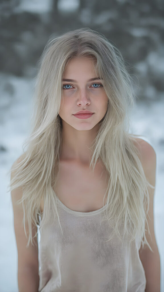 a (((beautiful girl with long, flowing white soft hair))), dressed in a ((comfortable tank top)) that complements her pale skin, giving off a cozy vibe. The shirt has a soft, slightly transparent quality, making it seem almost ethereal. She's posed in the snow, creating a sense of warmth and tranquility. Her hair is white. Full body view.