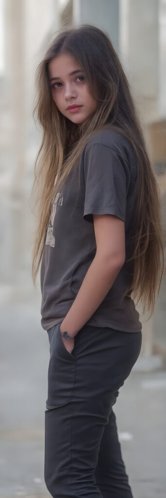 a (((beautiful young girl, perfect body, 15 years old))), with flowing, (((soft long straight brown hair))). (She is dressed in a sleek, ((t-shirt)), cargo pants), exuding just the right amount of youthful charm, photograph, full body side view, stands in the street
