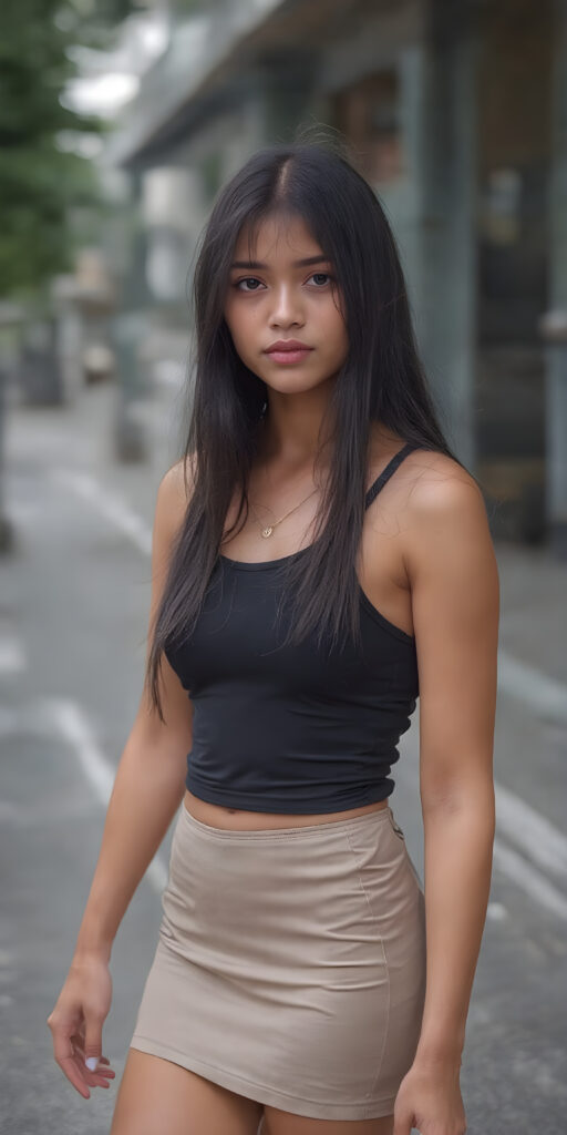 a (((beautiful young girl, perfect curved body))), with flowing, (((soft long straight black hair))). She is dressed in a sleek, (tank top and round mini skirt), photograph, stands in the street