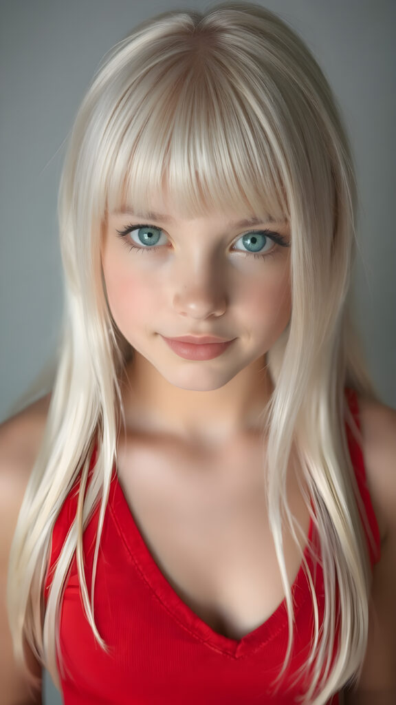 a realistic and detailed portrait, a (((beautiful young teen girl looks like a cute doll))), with ((super realistic, detailed long, straight white hair, bangs)), and ((big, expressive, bright, natural light blue eyes)), that convey a sense of youthful allure. Her ((skin is flawless)). She's ((busty)), with ((big, round, full, slightly parted lips that add to her enchanting smile)). Her ((almond skin)) adds to her ((natural beauty)), with ((red mini low-cut v-neck tank top, perfect and cute detailed belly button)), light grey studio backdrop, ( Hyper-detailed Warm tones Dramatic lighting Cinematic )