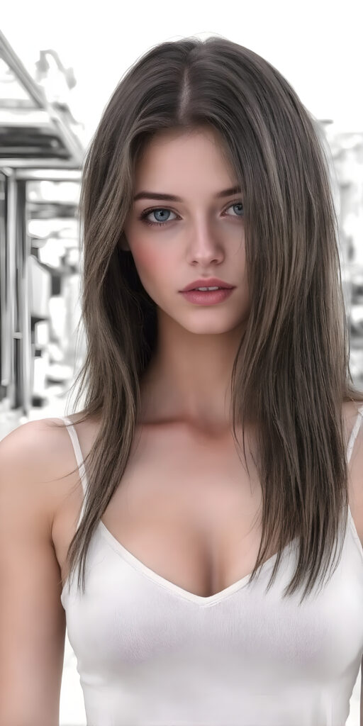 a (((beautiful young well busty teen girl, perfect curved body))), with flowing, (((soft long straight brown hair))). She is dressed in a sleek, (white cropped short tank top, deep v-neck), photograph, stands in the street