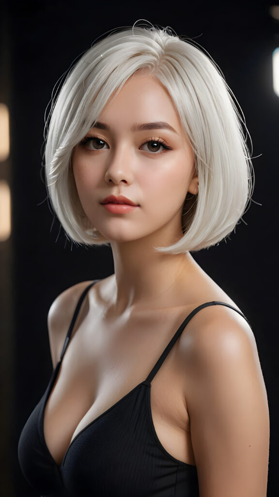 a (((beautiful well busty girl))) with a (((bob cut hair style, soft straight white hair))), accompanied by (((volumetric lighting))) that bring out the (masterpiece) details, all against a (plain, dark backdrop) that focuses on the (face) and its intricate, (hyper-realistic) features, captures the essence of (digital art), ((black dressed in an short tank top, deep v-neck)) ((full body))
