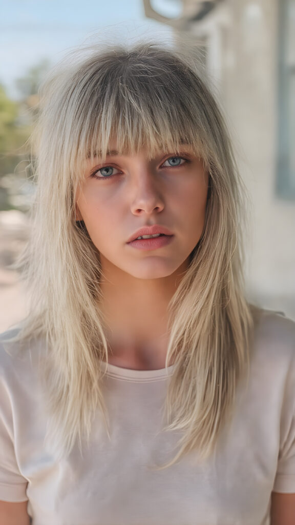 a (((beautiful young teen girl with a beautiful voice))), with super straight flowing, (((bright white hair, bangs))), (((extremely skinny and slender, with a sleek, yet softly proportioned figure))), wearing a ((t-shirt)) that accentuates her toned physique against a backdrop of a sunny, outdoor setting
