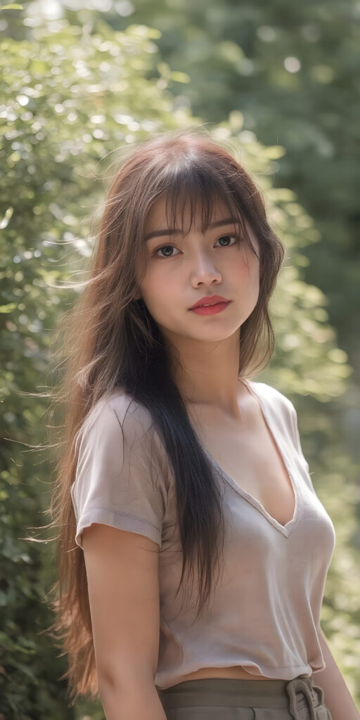 a (((beautiful Asian girl, with a sleek, yet delicate and petite physique, a youthful face with (sun-kissed) skin, straight long black hair, clad in (((hippie, retro 70s clothing, short t-shirt, deep v-neck, skirt))), exuding a sense of (hippieness) and (magnificence). Full body view, perfect curved body, capturing a ((vintage, retro 70s vibe)), sunny green backdrop