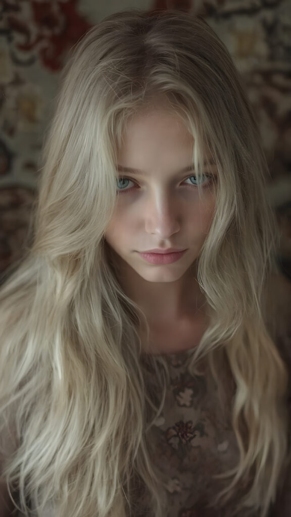 a (((beautiful witch girl))) with luxurious, (((shiny very long blond soft hair))), flawless skin, and a serene expression, her face and form are intricately detailed, giving off a soft glow that adds a touch of magic, she's dressed in a ((silk dress with designs of small flowers)), which accentuates her elegant figure, blending seamlessly with the intricate patterns and colors of the setting