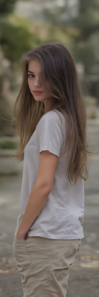 a (((beautiful young girl, perfect body, 15 years old))), with flowing, (((soft long straight brown hair))). (She is dressed in a sleek, ((t-shirt)), cargo pants), exuding just the right amount of youthful charm, photograph, full body side view, stands in the street