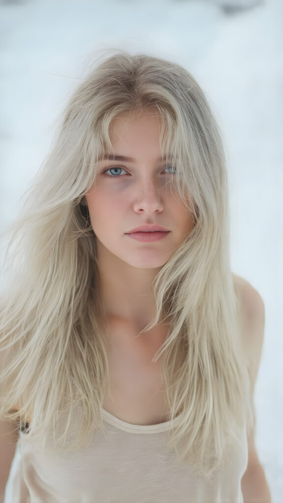 a (((beautiful girl with long, flowing white soft hair))), dressed in a ((comfortable tank top)) that complements her pale skin, giving off a cozy vibe. The shirt has a soft, slightly transparent quality, making it seem almost ethereal. She's posed in the snow, creating a sense of warmth and tranquility. Her hair is white. Full body view.
