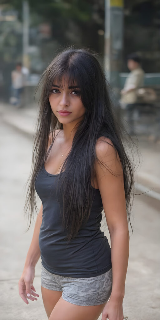 a (((beautiful young girl, perfect curved body))), with flowing, (((soft long straight black hair))). She is dressed in a sleek, (tank top and round mini skirt), photograph, stands in the street