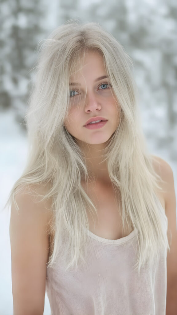 a (((beautiful girl with long, flowing white soft hair))), dressed in a ((comfortable tank top)) that complements her pale skin, giving off a cozy vibe. The shirt has a soft, slightly transparent quality, making it seem almost ethereal. She's posed in the snow, creating a sense of warmth and tranquility. Her hair is white. Full body view.