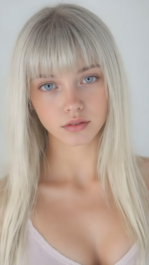 a (((beautiful girl looks like a cute doll))), with ((long, straight white hair, bangs)), and ((big, expressive, bright, natural light blue eyes)), that convey a sense of youthful allure. Her ((skin is flawless)). She's ((busty)), with ((big, round, full, slightly parted lips that add to her enchanting smile)). Her ((almond skin)) adds to her ((natural beauty)), with ((mini low-cut v-neck tank top, perfect and cute detailed belly button)), light grey studio backdrop, ( Hyper-detailed Warm tones Dramatic lighting Cinematic )