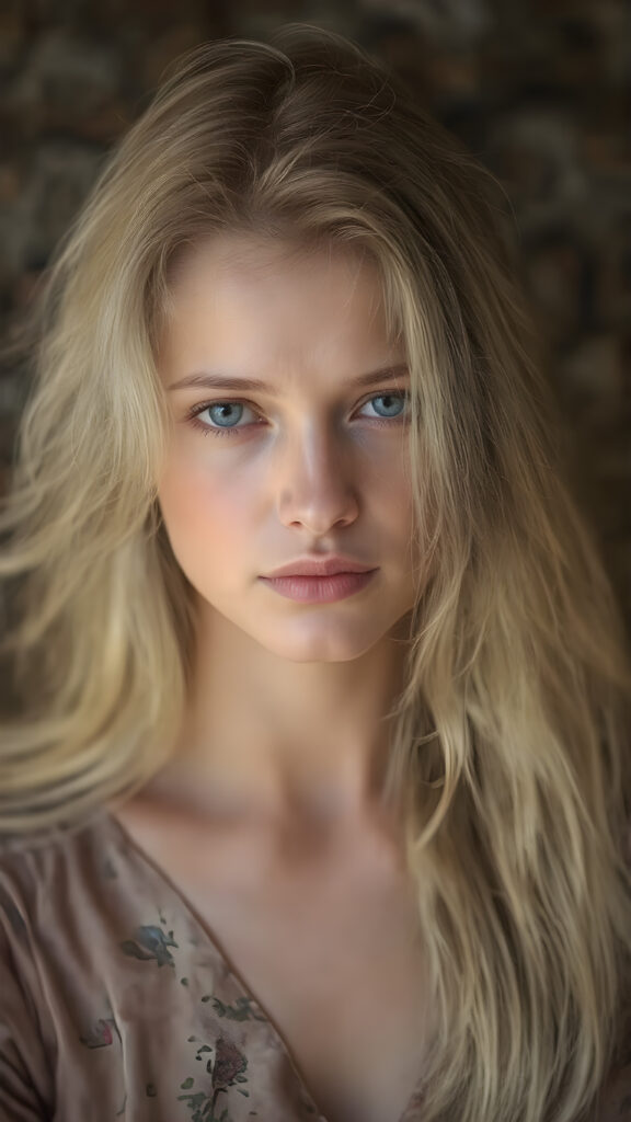 a (((beautiful witch girl))) with luxurious, (((shiny very long blond soft hair))), flawless skin, and a serene expression, her face and form are intricately detailed, giving off a soft glow that adds a touch of magic, she's dressed in a ((silk dress with designs of small flowers)), which accentuates her elegant figure, blending seamlessly with the intricate patterns and colors of the setting