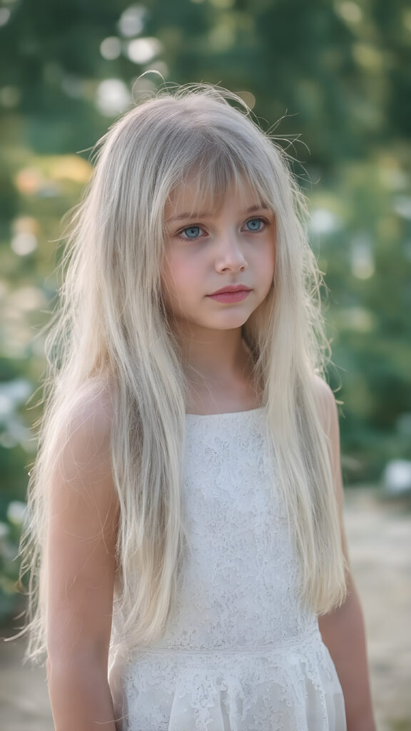 a (((beautiful young girl))) named Eva, with straight, (((long, silky white hair))), dressed in a (((white, sparkling dress))), adorned with intricate floral designs, waiting confidently in a (Paradise Garden) under a gently glowing skies)