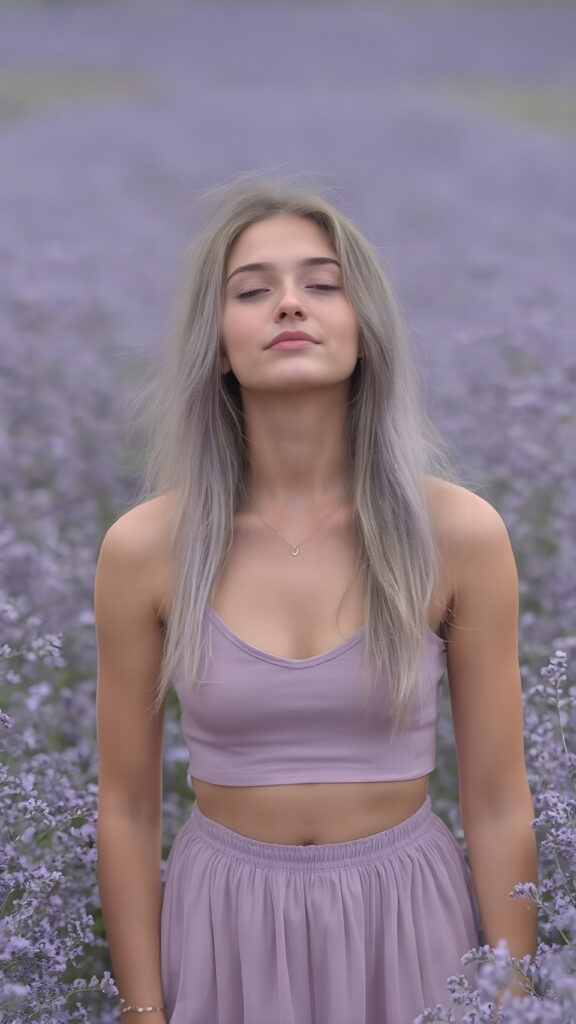 a (((beautiful girl))) with long, flowing lavender hair and a serene expression, standing in a field of (((lavender))), closing her eyes and drifting into a tranquil moment, surrounded by a backdrop of (violet and lavender) flowers, she wears a short cropped tank top, deep n-neck, and a long skirt, perfect body, completely at peace with her surroundings, you can see her cute belly button