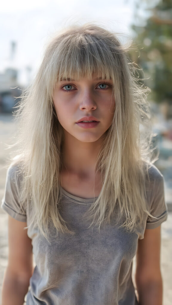 a (((beautiful young teen girl with a beautiful voice))), with super straight flowing, (((bright white hair, bangs))), (((extremely skinny and slender, with a sleek, yet softly proportioned figure))), wearing a ((t-shirt)) that accentuates her toned physique against a backdrop of a sunny, outdoor setting