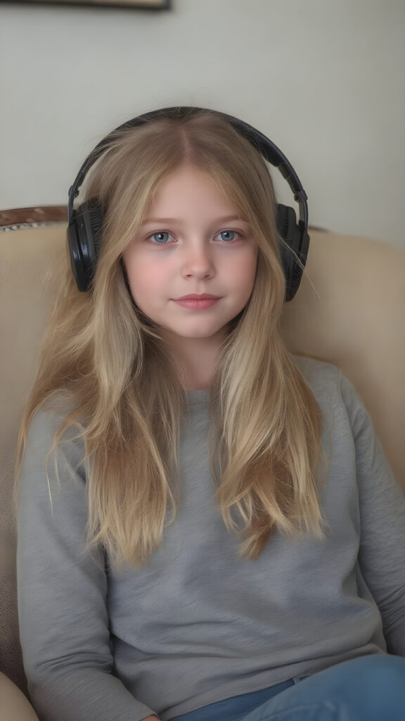 a beautiful blond haired young girl wearing a headphones sitting in an elegant chair.