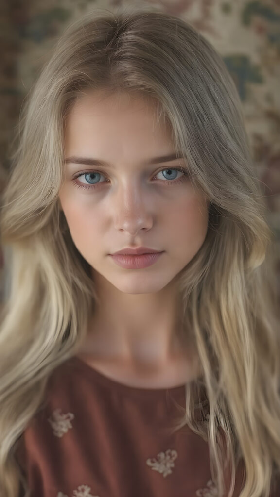 a (((beautiful girl))) with luxurious, (((shiny very long blond soft hair))), flawless skin, and a serene expression, her face and form are intricately detailed, giving off a soft glow that adds a touch of magic, she's dressed in a ((silk dress with designs of small flowers)), which accentuates her elegant figure, blending seamlessly with the intricate patterns and colors of the setting