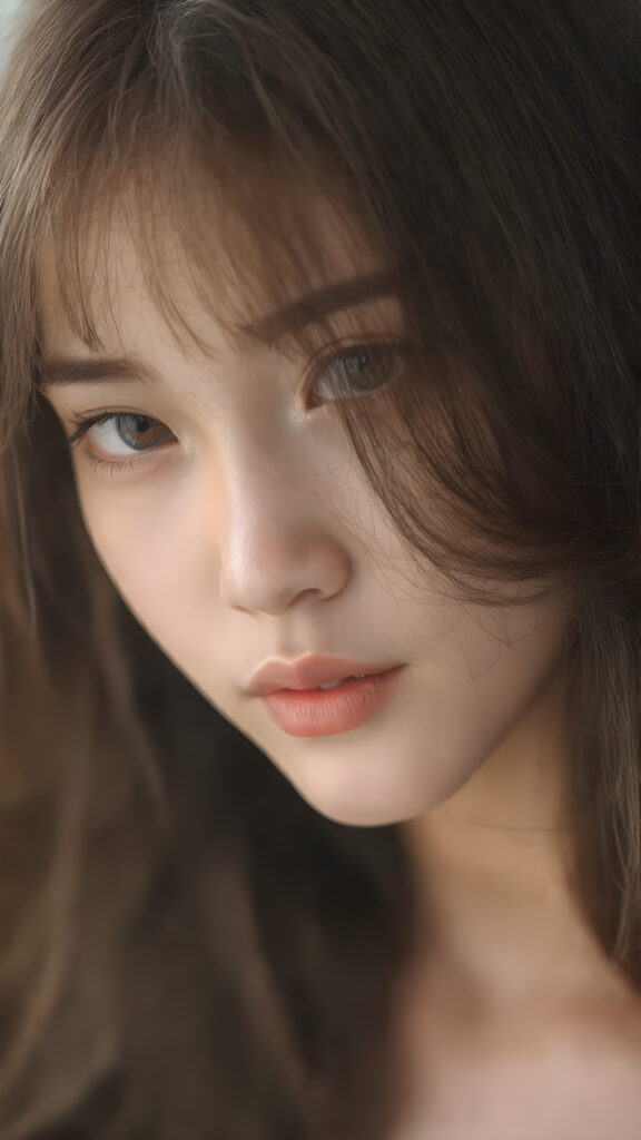 a beautiful close-up portrait of a young and pretty Oriental teen girl, 15 years old. She has an angelic face and long, straight ((maroon hair)) in bangs cut, full lips, (light brown eyes)), ((detailed)) ((stunning)) ((gorgeous)), perfect light, realistic shadows
