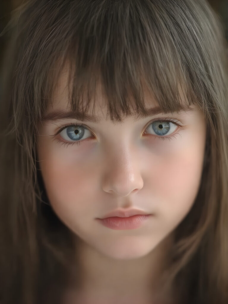 a beautiful close-up portrait of a young, innocent and pretty teen girl, 13 years old. She has an angelic face and long, straight ((soft dark hair)), bangs cut, (light blue eyes)), ((detailed)) ((stunning)) ((gorgeous)), perfect light, realistic shadows