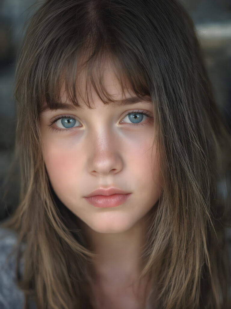a beautiful close-up portrait of a young, innocent and pretty teen girl, 13 years old. She has an angelic face and long, straight ((soft dark hair)), bangs cut, (light blue eyes)), ((detailed)) ((stunning)) ((gorgeous)), perfect light, realistic shadows