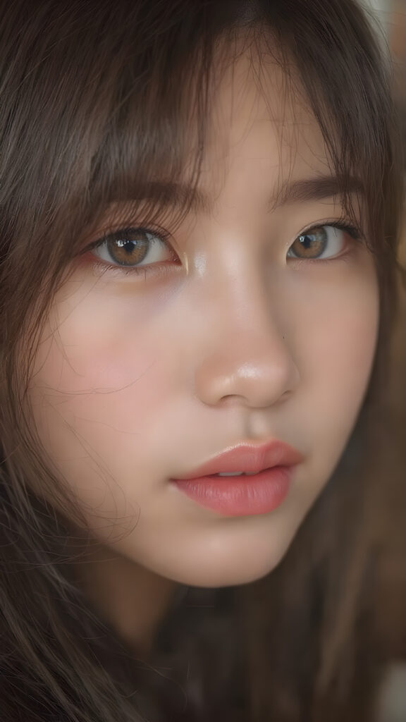 a beautiful close-up portrait of a young and pretty Oriental teen girl, 15 years old. She has an angelic face and long, straight ((maroon hair)) in bangs cut, full lips, (light brown eyes)), ((detailed)) ((stunning)) ((gorgeous)), perfect light, realistic shadows