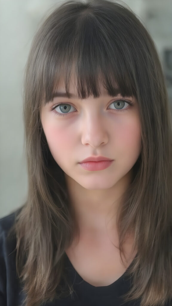 a beautiful (((young innocent girl))), with straight, (((long, black hair))), that softly curls into (vividly colored) bangs, framing a round face she's got big, bright, playful eyes that are captivating and inviting. Her lips are full and painted in (deep red) lipstick, complemented by (shades of pink) eyeshadow that accentuate her cheeks and add a pop of color to her overall look. Her skin is (pale white) , she's got beautiful, (brightly coloured) cheeks and (glowing) lips that add a pop of colour to her overall look. She wears a black oversized t-shirt