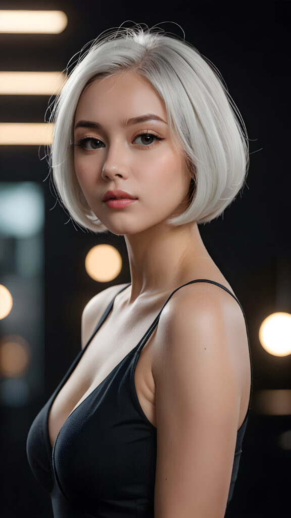a (((beautiful well busty girl))) with a (((bob cut hair style, soft straight white hair))), accompanied by (((volumetric lighting))) that bring out the (masterpiece) details, all against a (plain, dark backdrop) that focuses on the (face) and its intricate, (hyper-realistic) features, captures the essence of (digital art), ((black dressed in an short tank top, deep v-neck)) ((full body))