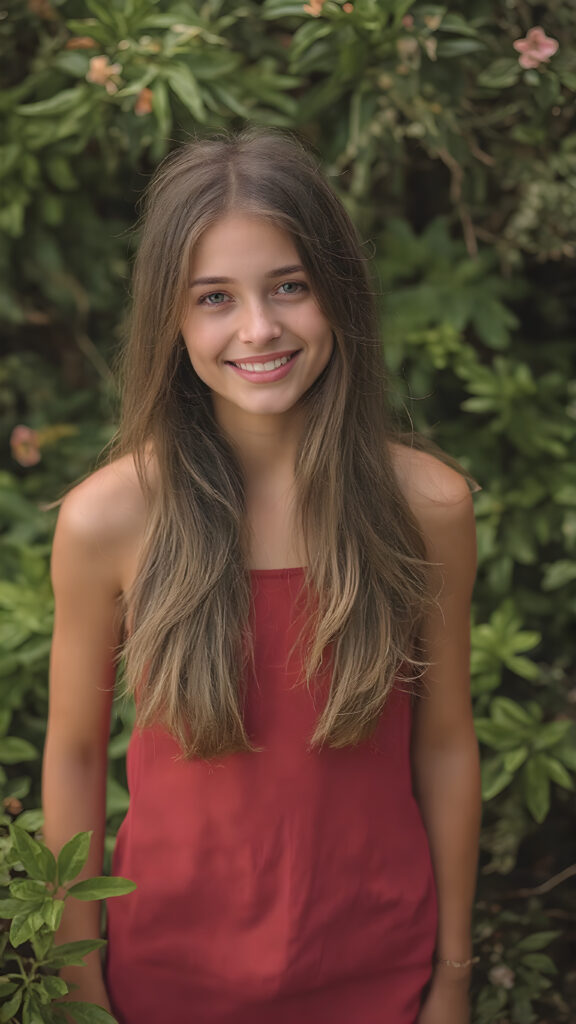 a beautiful very lucky girl, full body shot, she has attractive eyes and warm smile, her long super straight hair is soft to touch and silky to style in various of hair colors, wearing a short fine dress that accentuates her graceful figure, the dress is sleeveless and tight on her body, she pairs it with black leggings that enhance her allure, the color of the dress may vary depending on the season or the time of day. The girl is in a nature setting, where she is surrounded by lush green plants and flowers that give off a vibrant and warm atmosphere. Her hair is styled in soft waves with a few strands of hair waving in the gentle breeze. She has a few freckles on her face, which enhances her natural beauty. Her smile is radiant and natural looking, as if she is happy with her surroundings and the life she leads. She is full body shot with a small amount of light illuminating her face and creating a warm and inviting vibe to the scene.