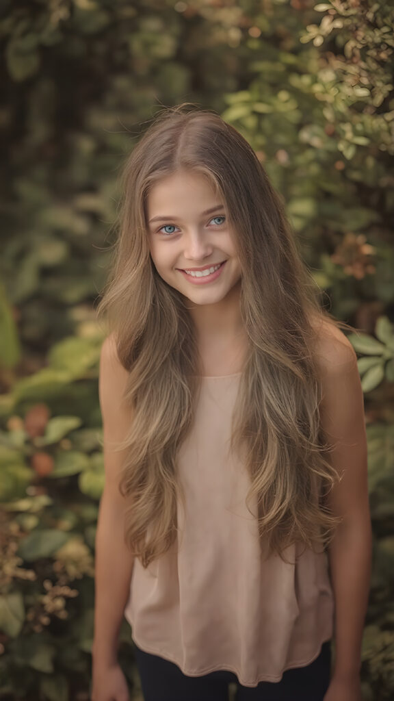 a beautiful very lucky girl, full body shot, she has attractive eyes and warm smile, her long super straight hair is soft to touch and silky to style in various of hair colors, wearing a short fine dress that accentuates her graceful figure, the dress is sleeveless and tight on her body, she pairs it with black leggings that enhance her allure, the color of the dress may vary depending on the season or the time of day. The girl is in a nature setting, where she is surrounded by lush green plants and flowers that give off a vibrant and warm atmosphere. Her hair is styled in soft waves with a few strands of hair waving in the gentle breeze. She has a few freckles on her face, which enhances her natural beauty. Her smile is radiant and natural looking, as if she is happy with her surroundings and the life she leads. She is full body shot with a small amount of light illuminating her face and creating a warm and inviting vibe to the scene.