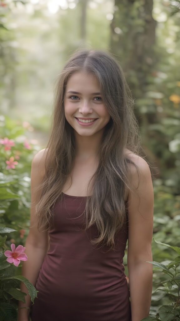 a beautiful very lucky girl, full body shot, she has attractive eyes and warm smile, her long super straight hair is soft to touch and silky to style in various of hair colors, wearing a short fine dress that accentuates her graceful figure, the dress is sleeveless and tight on her body, she pairs it with black leggings that enhance her allure, the color of the dress may vary depending on the season or the time of day. The girl is in a nature setting, where she is surrounded by lush green plants and flowers that give off a vibrant and warm atmosphere. Her hair is styled in soft waves with a few strands of hair waving in the gentle breeze. She has a few freckles on her face, which enhances her natural beauty. Her smile is radiant and natural looking, as if she is happy with her surroundings and the life she leads. She is full body shot with a small amount of light illuminating her face and creating a warm and inviting vibe to the scene.