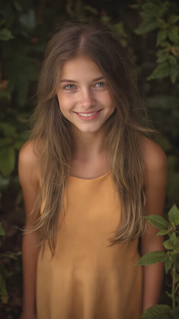 a beautiful very lucky girl, full body shot, she has attractive eyes and warm smile, her long super straight hair is soft to touch and silky to style in various of hair colors, wearing a short fine dress that accentuates her graceful figure, the dress is sleeveless and tight on her body, she pairs it with black leggings that enhance her allure, the color of the dress may vary depending on the season or the time of day. The girl is in a nature setting, where she is surrounded by lush green plants and flowers that give off a vibrant and warm atmosphere. Her hair is styled in soft waves with a few strands of hair waving in the gentle breeze. She has a few freckles on her face, which enhances her natural beauty. Her smile is radiant and natural looking, as if she is happy with her surroundings and the life she leads. She is full body shot with a small amount of light illuminating her face and creating a warm and inviting vibe to the scene.